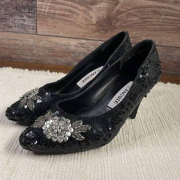 Jacqie Vintage Black Sequined High Heels, Black and Silver, Size 7 - Picture 5 of 9